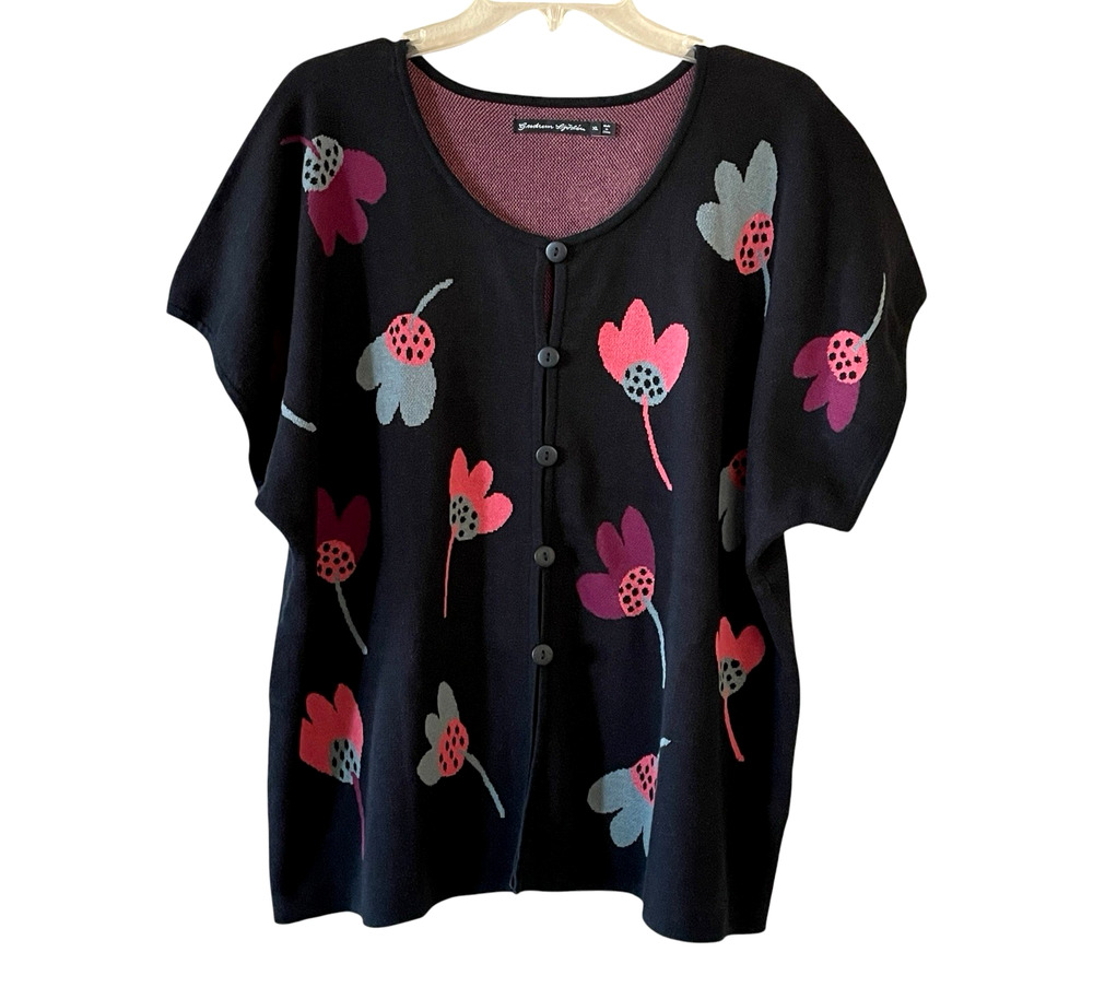 GUDRUN SJODEN Size XL Black Cotton Lagenlook Button-Up Short Sleeve Sweater